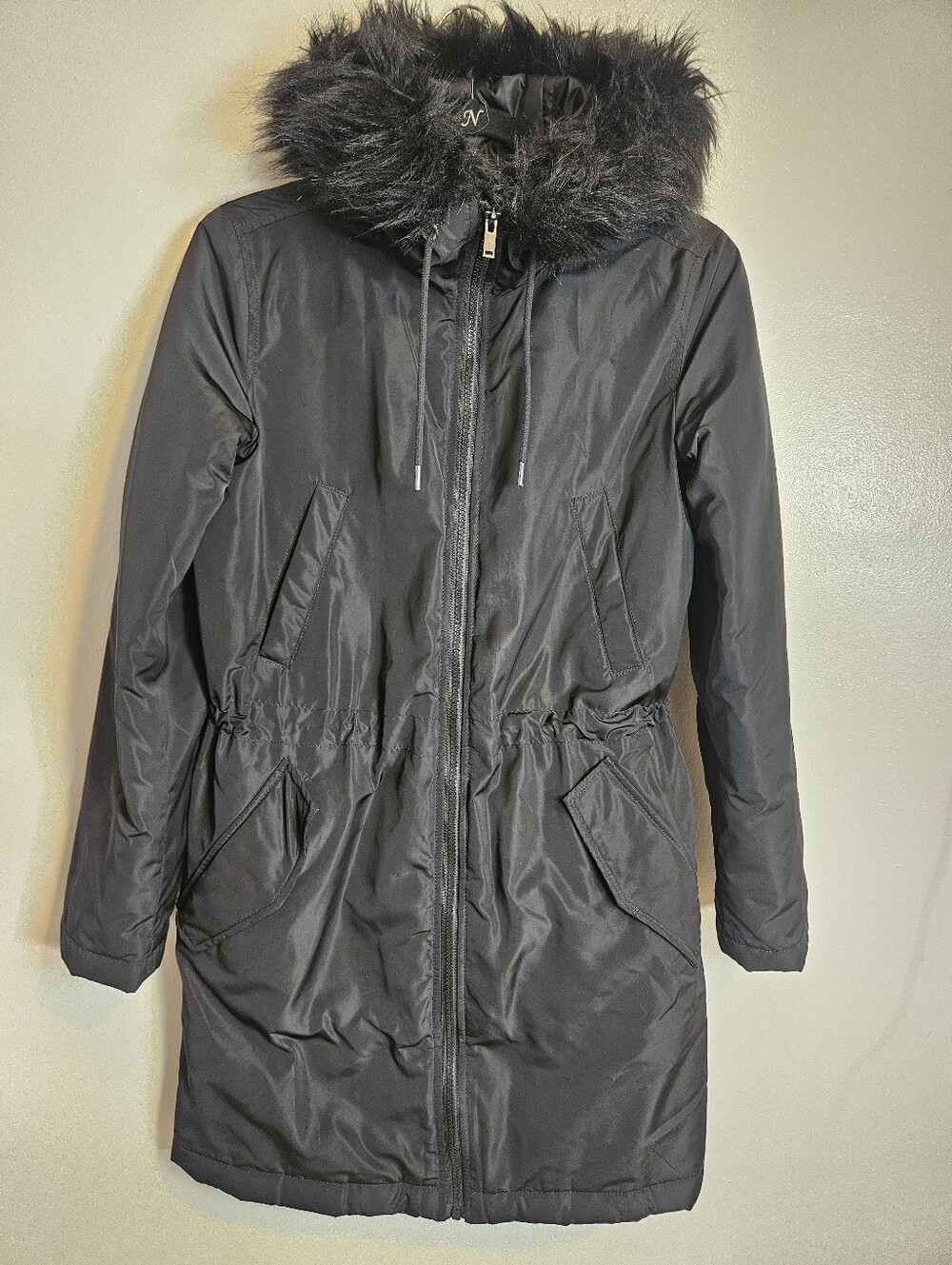 GAP Black Faux Fur Hooded Winter Parka Jacket Coat Size XS (Fits Small)